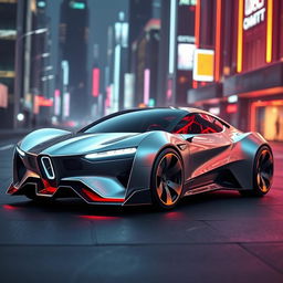 A futuristic sports car design that has never been revealed, featuring an aerodynamic and sleek silhouette with sharp lines and curves