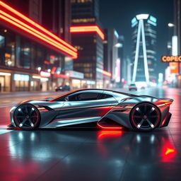 A futuristic sports car design that has never been revealed, featuring an aerodynamic and sleek silhouette with sharp lines and curves