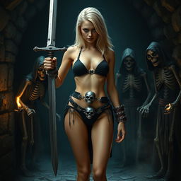 A sexy 20-year-old slim girl with thick blonde hair, wearing a black thong bikini accentuated by a skull belt