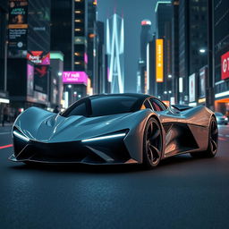 A futuristic sports car with a sleek, aerodynamic design featuring an inclined front view