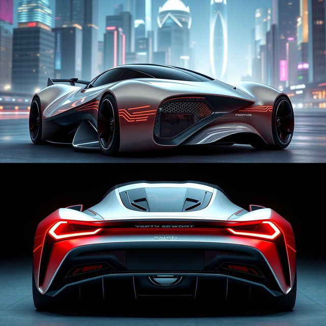 A futuristic sports car showcased from two angles: an inclined front view and a dramatic rear view