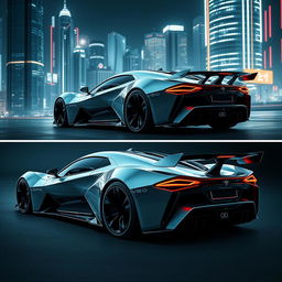 A futuristic sports car showcased from two angles: an inclined front view and a dramatic rear view