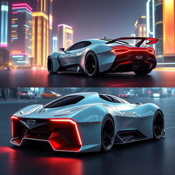 A futuristic sports car showcased from two angles: an inclined front view and a dramatic rear view