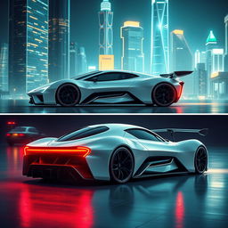 A futuristic sports car showcased from two angles: an inclined front view and a dramatic rear view