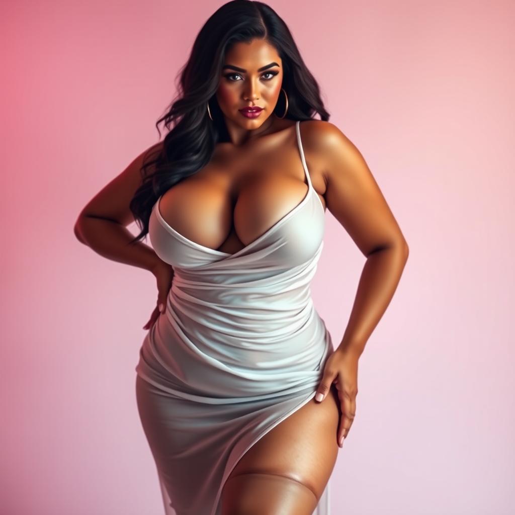 A stunning woman exuding sex appeal, showcasing her curvaceous figure with large breasts, full hips, and thick thighs