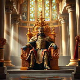 A majestic throne room featuring an imposing emperor clad in intricately designed armor