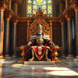 A majestic throne room featuring an imposing emperor clad in intricately designed armor