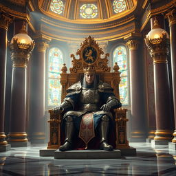 A majestic throne room featuring an imposing emperor clad in intricately designed armor