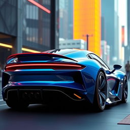 A futuristic sports car viewed from the back, featuring a sleek and aerodynamic design, innovative LED taillights, and an aggressive rear stance