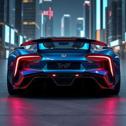 A futuristic sports car viewed from the back, featuring a sleek and aerodynamic design, innovative LED taillights, and an aggressive rear stance