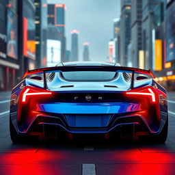 A futuristic sports car viewed from the back, featuring a sleek and aerodynamic design, innovative LED taillights, and an aggressive rear stance