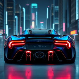 A futuristic sports car viewed from the back, featuring a sleek and aerodynamic design, innovative LED taillights, and an aggressive rear stance