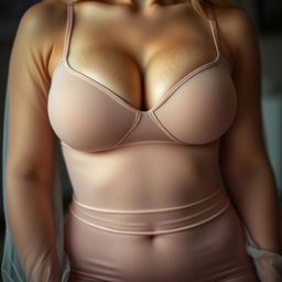 A close-up shot capturing the torso of an attractive woman embodying sex appeal and allure, featuring prominent breasts, shapely thighs, and a full figure