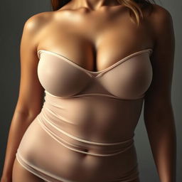 A close-up shot capturing the torso of an attractive woman embodying sex appeal and allure, featuring prominent breasts, shapely thighs, and a full figure