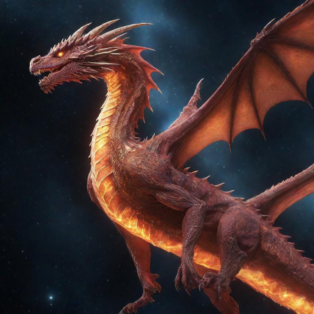 A detailed, animated depiction of a radiant dragon in the vast expanse of space.