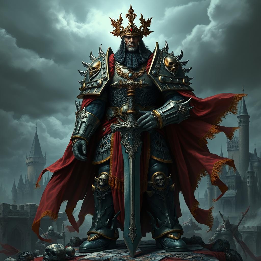 A powerful and imposing emperor inspired by the Warhammer universe, adorned in elaborate and gothic-style armor