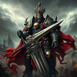 A powerful and imposing emperor inspired by the Warhammer universe, adorned in elaborate and gothic-style armor