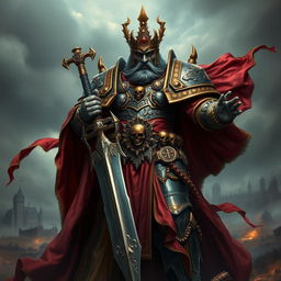 A powerful and imposing emperor inspired by the Warhammer universe, adorned in elaborate and gothic-style armor