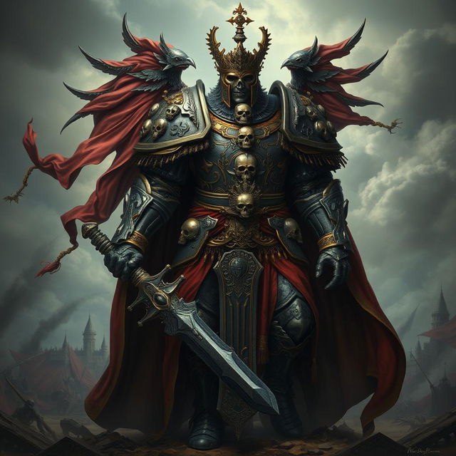 A powerful and imposing emperor inspired by the Warhammer universe, adorned in elaborate and gothic-style armor