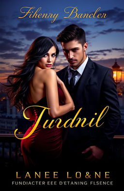 A romantic novel cover featuring a seductive woman with flowing dark hair in an elegant dress, standing confidently beside a mysterious man in a tailored suit with a slight smirk, set against a backdrop of a city skyline at twilight