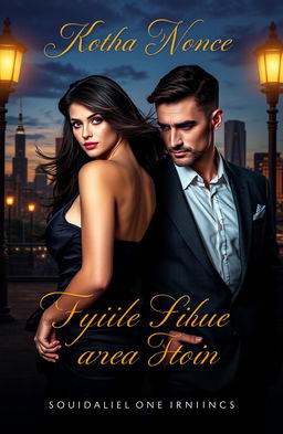 A romantic novel cover featuring a seductive woman with flowing dark hair in an elegant dress, standing confidently beside a mysterious man in a tailored suit with a slight smirk, set against a backdrop of a city skyline at twilight