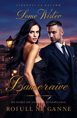 A romantic novel cover featuring a seductive woman with flowing dark hair in an elegant dress, standing confidently beside a mysterious man in a tailored suit with a slight smirk, set against a backdrop of a city skyline at twilight