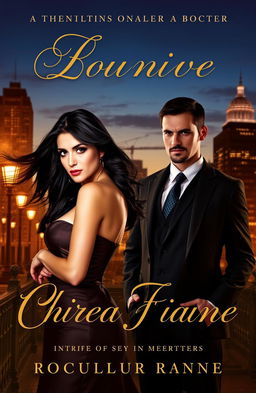 A romantic novel cover featuring a seductive woman with flowing dark hair in an elegant dress, standing confidently beside a mysterious man in a tailored suit with a slight smirk, set against a backdrop of a city skyline at twilight