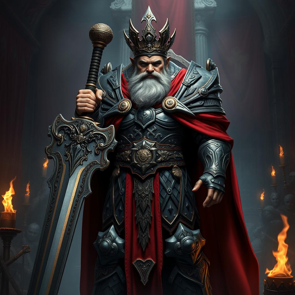 A formidable middle-aged emperor in classic Warhammer style, exuding both wisdom and power