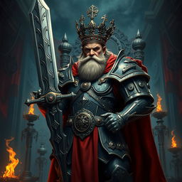 A formidable middle-aged emperor in classic Warhammer style, exuding both wisdom and power