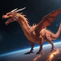 A detailed, animated depiction of a radiant dragon in the vast expanse of space.