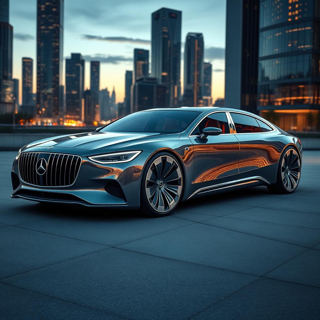 A full view of a futuristic Mercedes-Maybach car design, featuring an elegant and aerodynamic body, with a shiny metallic finish that reflects its surroundings