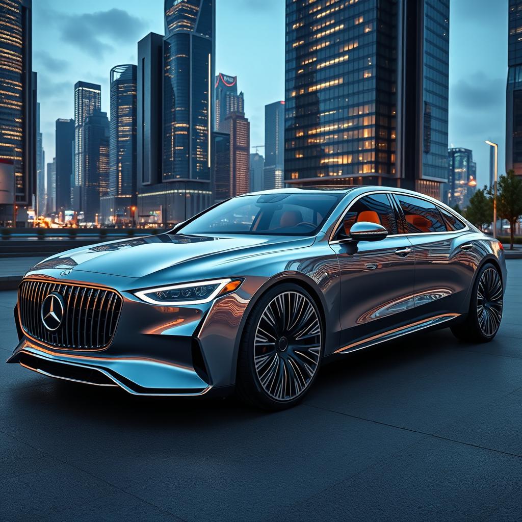 A full view of a futuristic Mercedes-Maybach car design, featuring an elegant and aerodynamic body, with a shiny metallic finish that reflects its surroundings