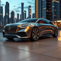 A full view of a futuristic Mercedes-Maybach car design, featuring an elegant and aerodynamic body, with a shiny metallic finish that reflects its surroundings