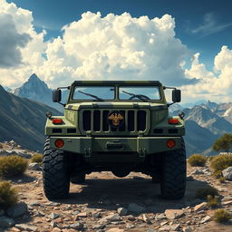 A highly detailed illustration of a GAZ Tigr, a military all-terrain vehicle, parked in a rugged mountainous landscape