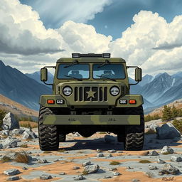 A highly detailed illustration of a GAZ Tigr, a military all-terrain vehicle, parked in a rugged mountainous landscape