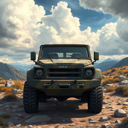 A highly detailed illustration of a GAZ Tigr, a military all-terrain vehicle, parked in a rugged mountainous landscape