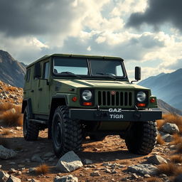 A highly detailed illustration of a GAZ Tigr, a military all-terrain vehicle, parked in a rugged mountainous landscape