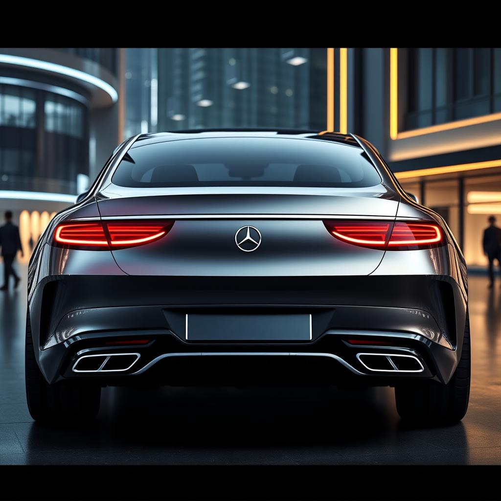 A back view of a futuristic Mercedes-Maybach car design, emphasizing a sleek and sophisticated rear profile