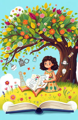 An inspiring book cover featuring a young girl, depicted as a dreamer, sitting under a large tree filled with whimsical leaves and flowers