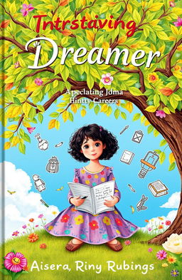 An inspiring book cover featuring a young girl, depicted as a dreamer, sitting under a large tree filled with whimsical leaves and flowers