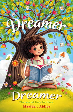 An inspiring book cover featuring a young girl, depicted as a dreamer, sitting under a large tree filled with whimsical leaves and flowers