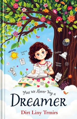 An inspiring book cover featuring a young girl, depicted as a dreamer, sitting under a large tree filled with whimsical leaves and flowers