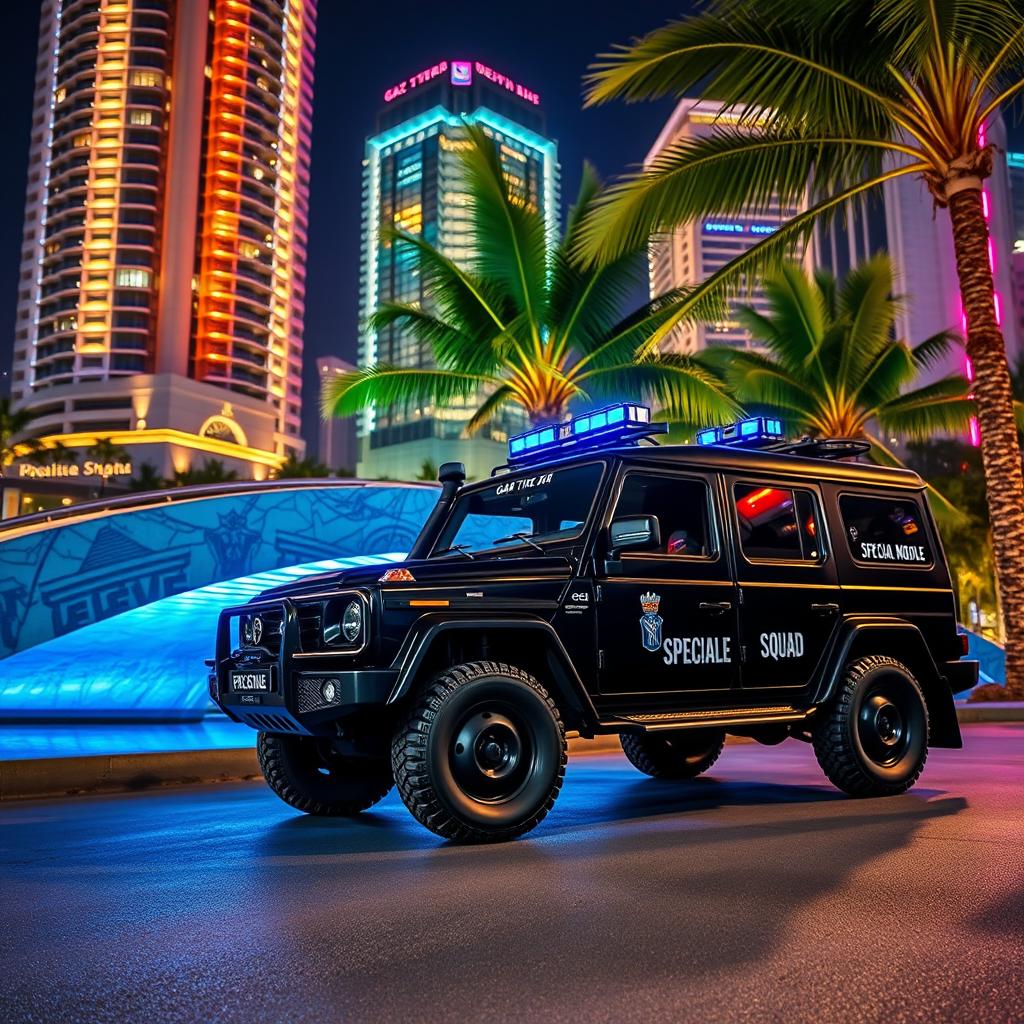 A stunning nighttime scene featuring a GAZ Tigr 4X4 in black, equipped with blue sirens