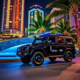 A stunning nighttime scene featuring a GAZ Tigr 4X4 in black, equipped with blue sirens