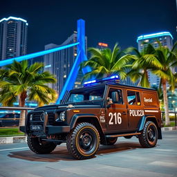 A stunning nighttime scene featuring a GAZ Tigr 4X4 in black, equipped with blue sirens
