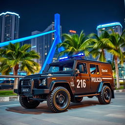 A stunning nighttime scene featuring a GAZ Tigr 4X4 in black, equipped with blue sirens