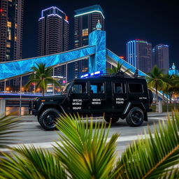 A stunning nighttime scene featuring a GAZ Tigr 4X4 in black, equipped with blue sirens