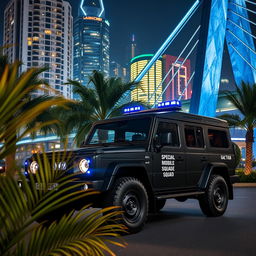 A stunning nighttime scene featuring a GAZ Tigr 4X4 in black, equipped with blue sirens