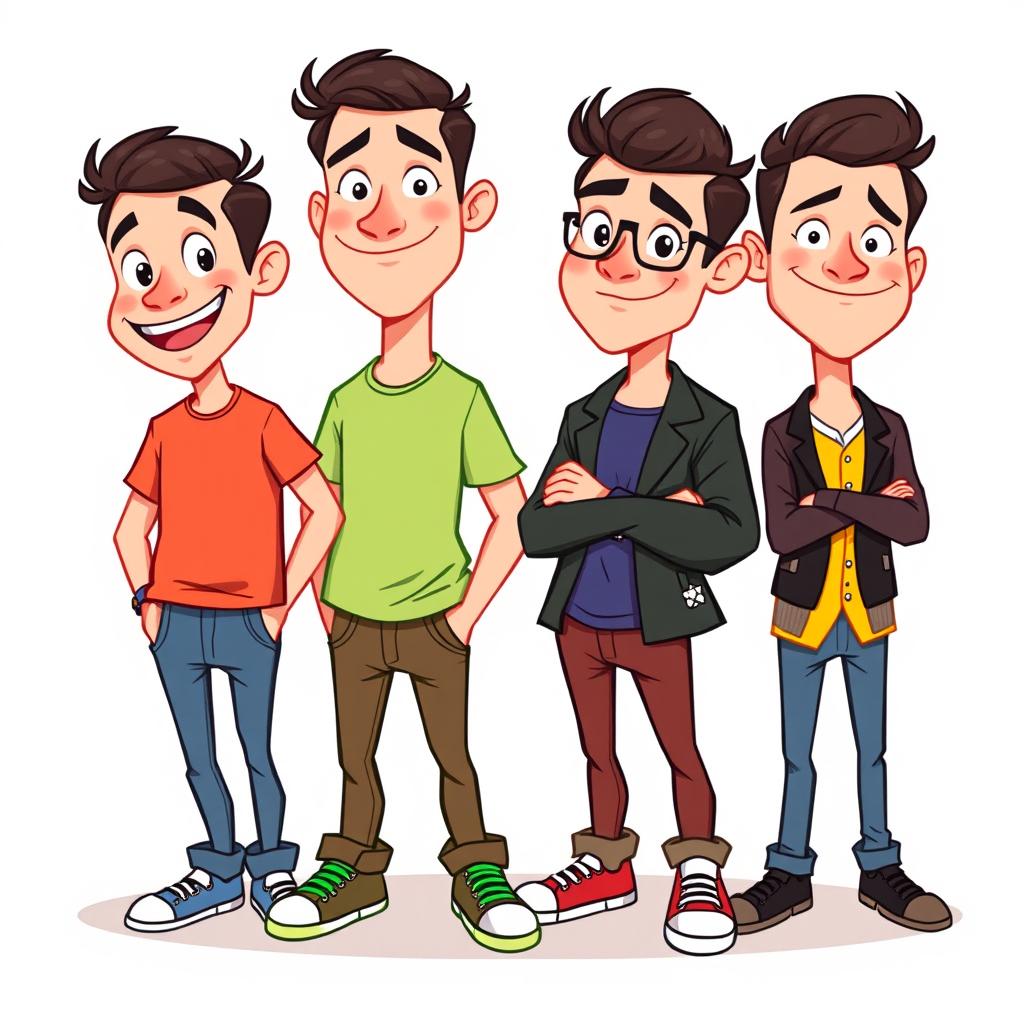 A lively 2D cartoon illustration featuring four men standing in a line, each displaying unique outfits in different vibrant colors