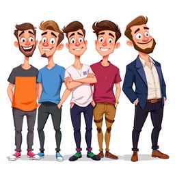 A lively 2D cartoon illustration featuring four men standing in a line, each displaying unique outfits in different vibrant colors